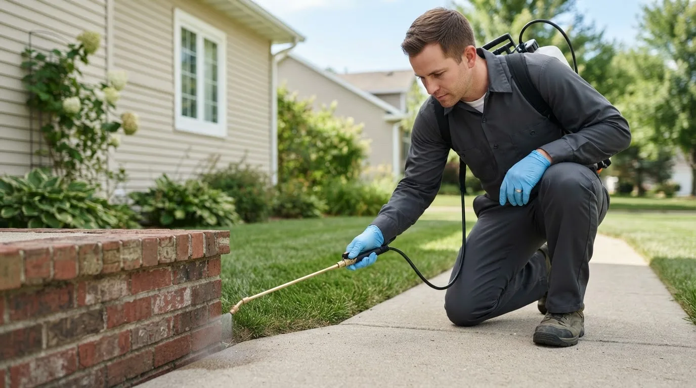 Pest control technician treating a home near Oakland Gardens, NY