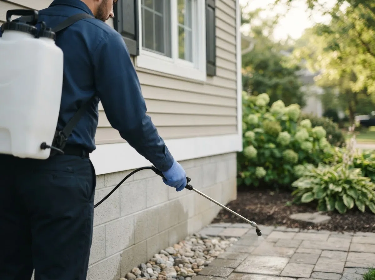 Pest control technician inspecting a home in Oakland Gardens, NY